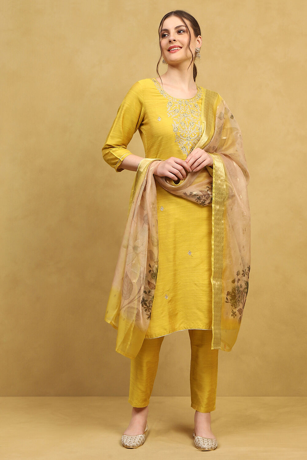 Yellow Viscose Blend Embroidered Straight Suit Set image number 6