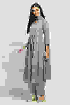 Grey Cotton Gathered Suit Set With Dupatta image number 3