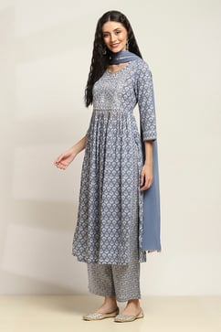 Grey Cotton Gathered Suit Set With Dupatta image number 3