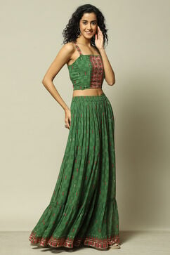Green Polyester Straight Printed Kurta Skirt Suit Set image number 7