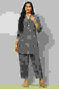 Navy Blue Printed Straight Kurta Pants Co-ord Set image number 6