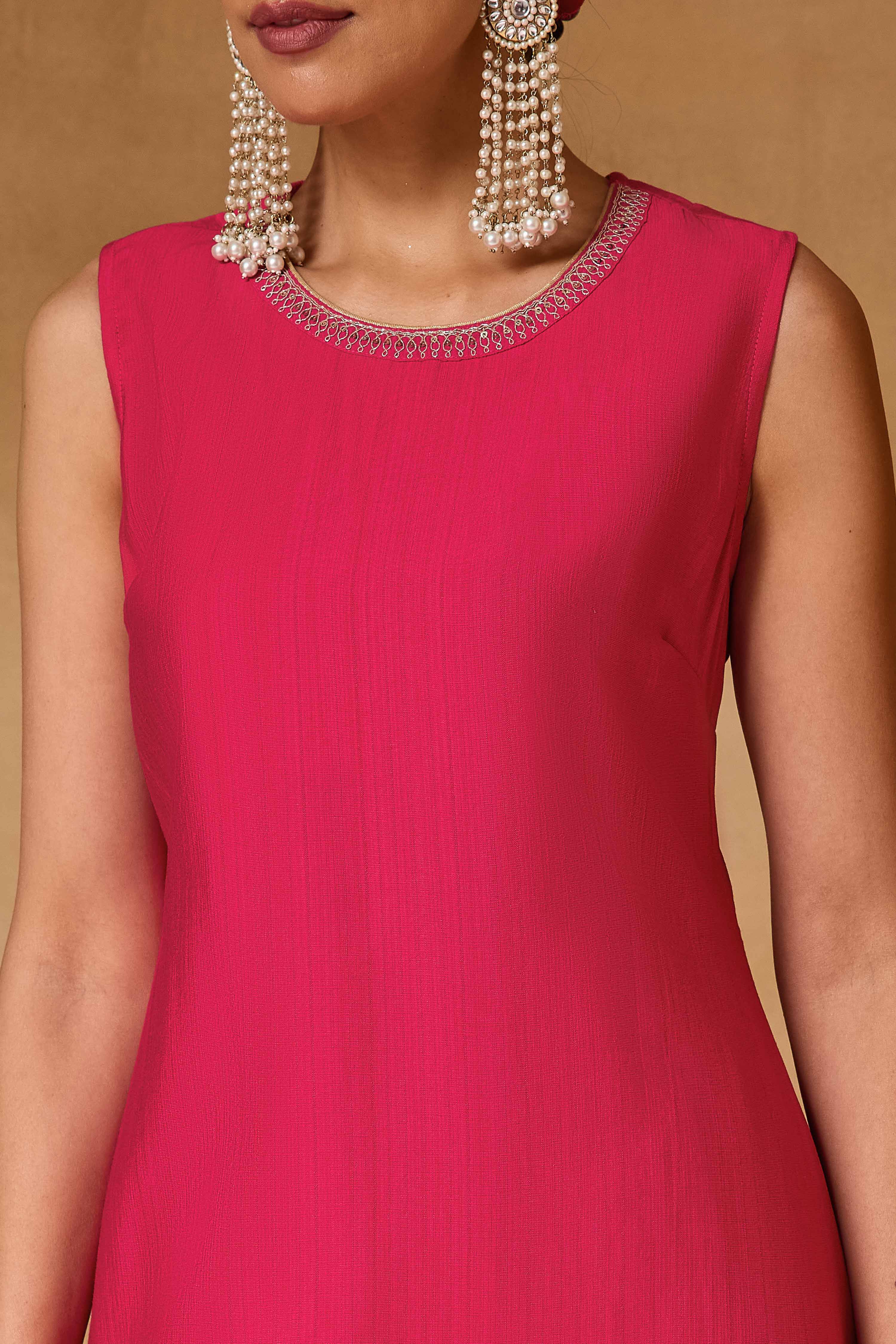 Pink Viscose Blend Straight Solid Suit Set image number 1