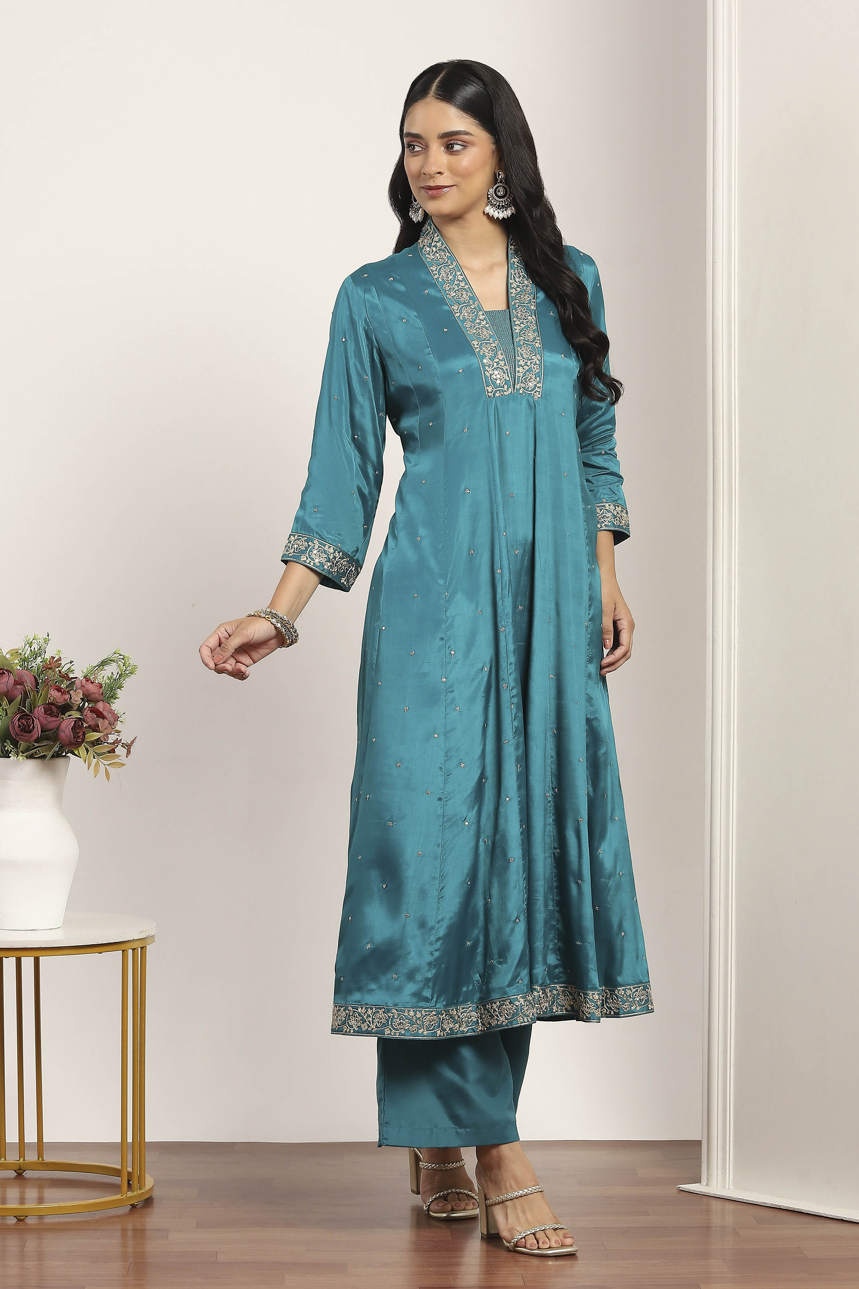 Teal Viscose Rayon Kalidar Suit Set image number 5