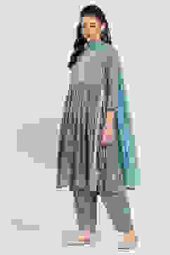 Grey Printed Gathered Suit Set image number 3