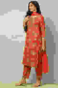 Red Cotton Lurex Floral Printed Straight Suit Set image number 3