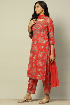Red Cotton Lurex Floral Printed Straight Suit Set image number 3
