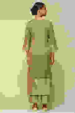 Green Acrylic Straight Yarn Dyed Kurta Palazzo Suit Set image number 4