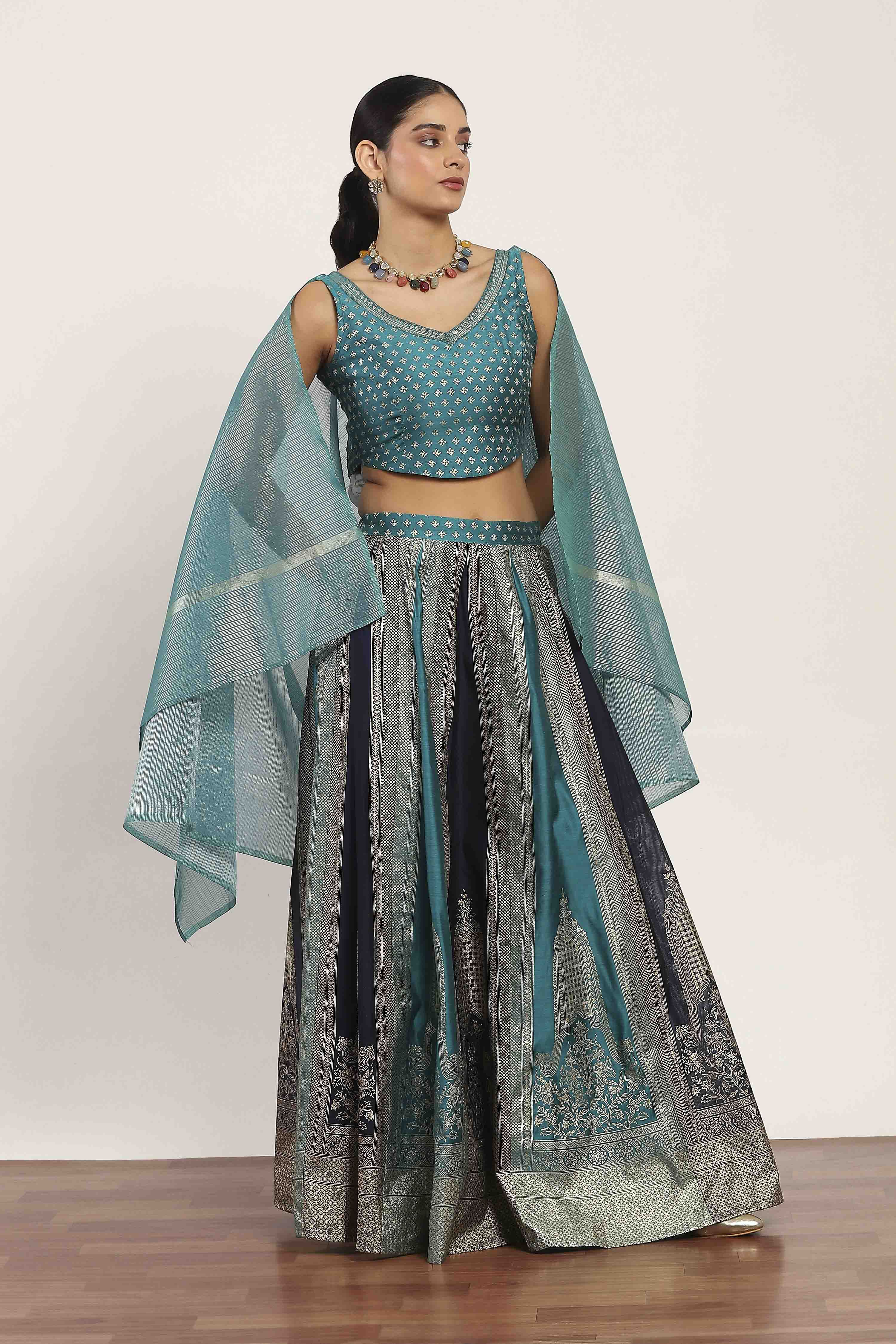 Teal Polyester Kalidar Lehenga Set image number 5