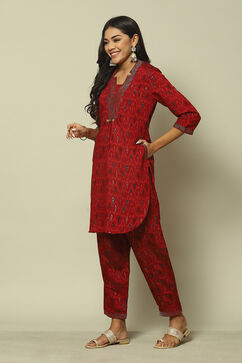 Red LIVA LIVA Straight Printed Kurta Palazzo Suit Set image number 3
