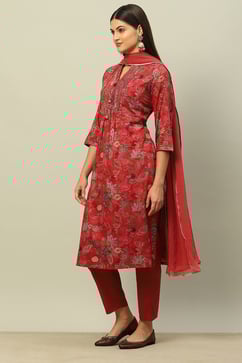 Pink Cotton Straight Printed Kurta Pants Suit Set image number 3