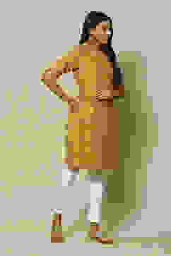 Mustard LIVA Straight Printed Kurta image number 3