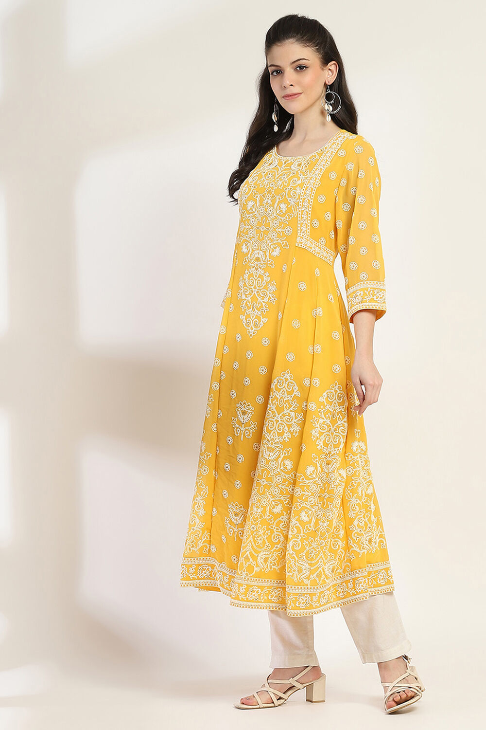 Mustard Yellow Printed Flared Kurta image number 2