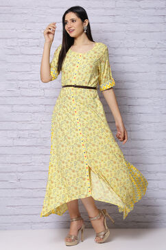 Yellow Viscose Rayon Asymmetric Dress image number 4