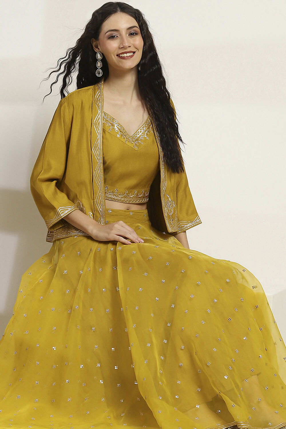 Yellow Viscose Blend A-Line Solid Top Lehanga Lehenga image number 0
