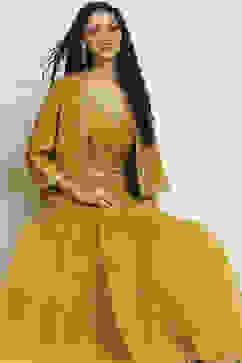 Yellow Viscose Blend A-Line Solid Top Lehanga Lehenga image number 0