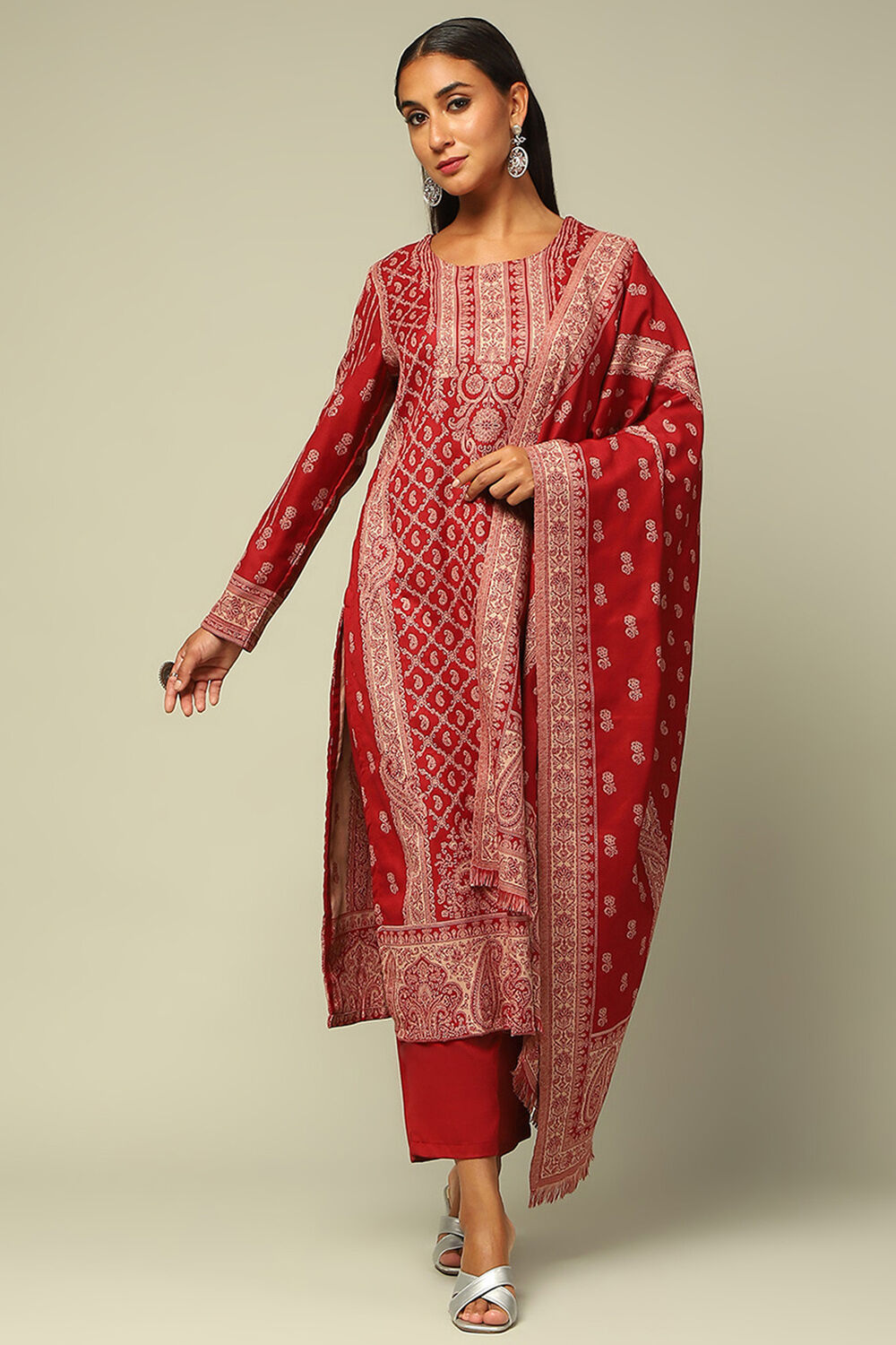 Red Acrylic Straight Yarn Dyed Kurta Palazzo Suit Set image number 6