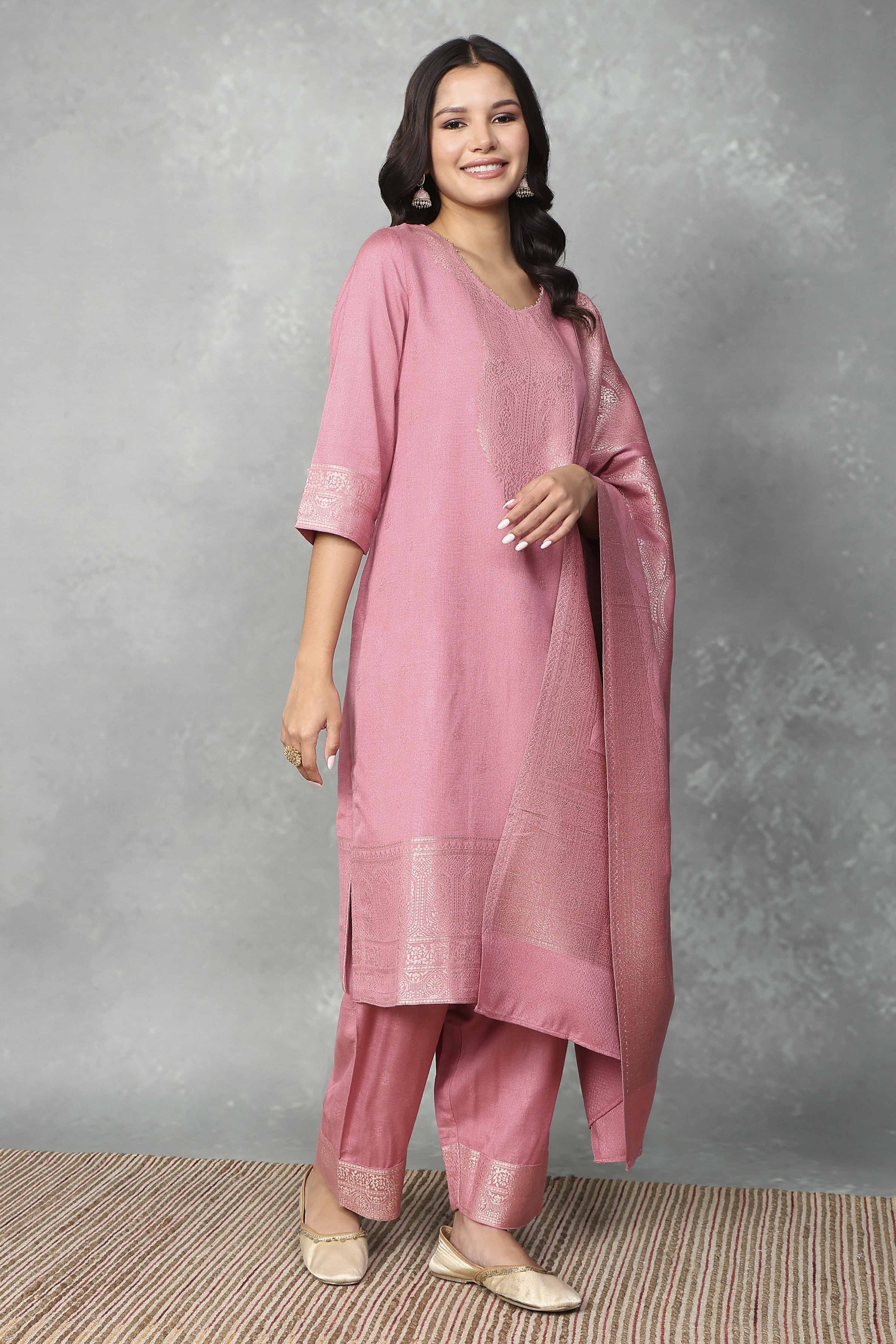 Pink Polyester Yarndyed Straight Suit Set image number 5