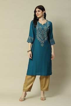 Aqua Blue LIVA  Straight Printed Kurta image number 5