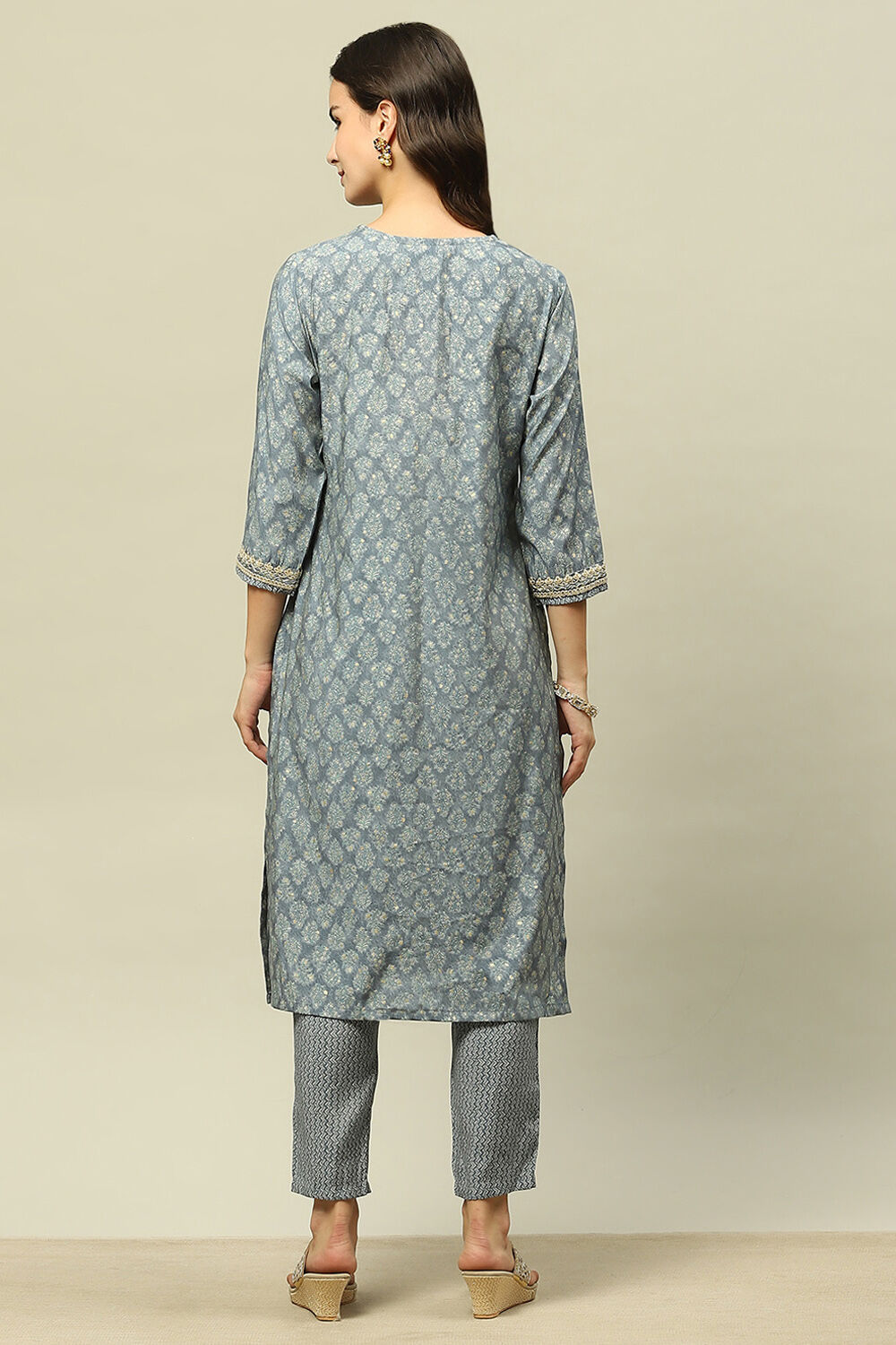 Blue Viscose Muslin Straight Printed Kurta Pants Suit Set image number 4