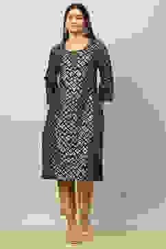 Black Cotton Printed Straight Kurta image number 0