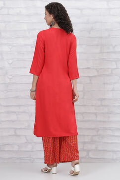 Red Viscose Straight  Kurta Pants Set image number 4