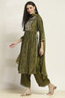 Green Viscose Blend Printed Gathered Suit Set image number 3