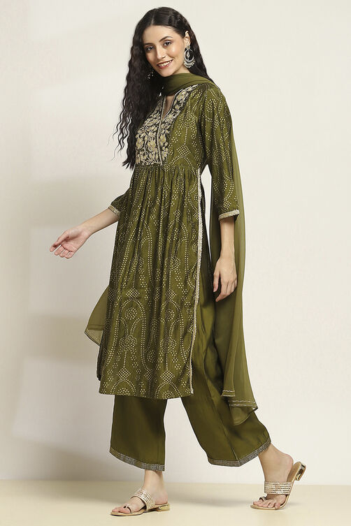 Green Viscose Blend Printed Gathered Suit Set image number 3