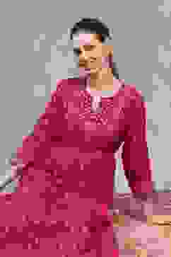 Pink Viscose Rayon Printed Flared Dress image number 6