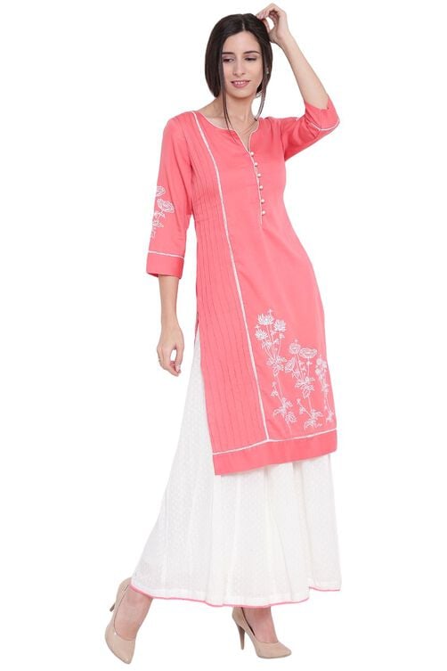 Peach Cotton Straight Kurta image number 3