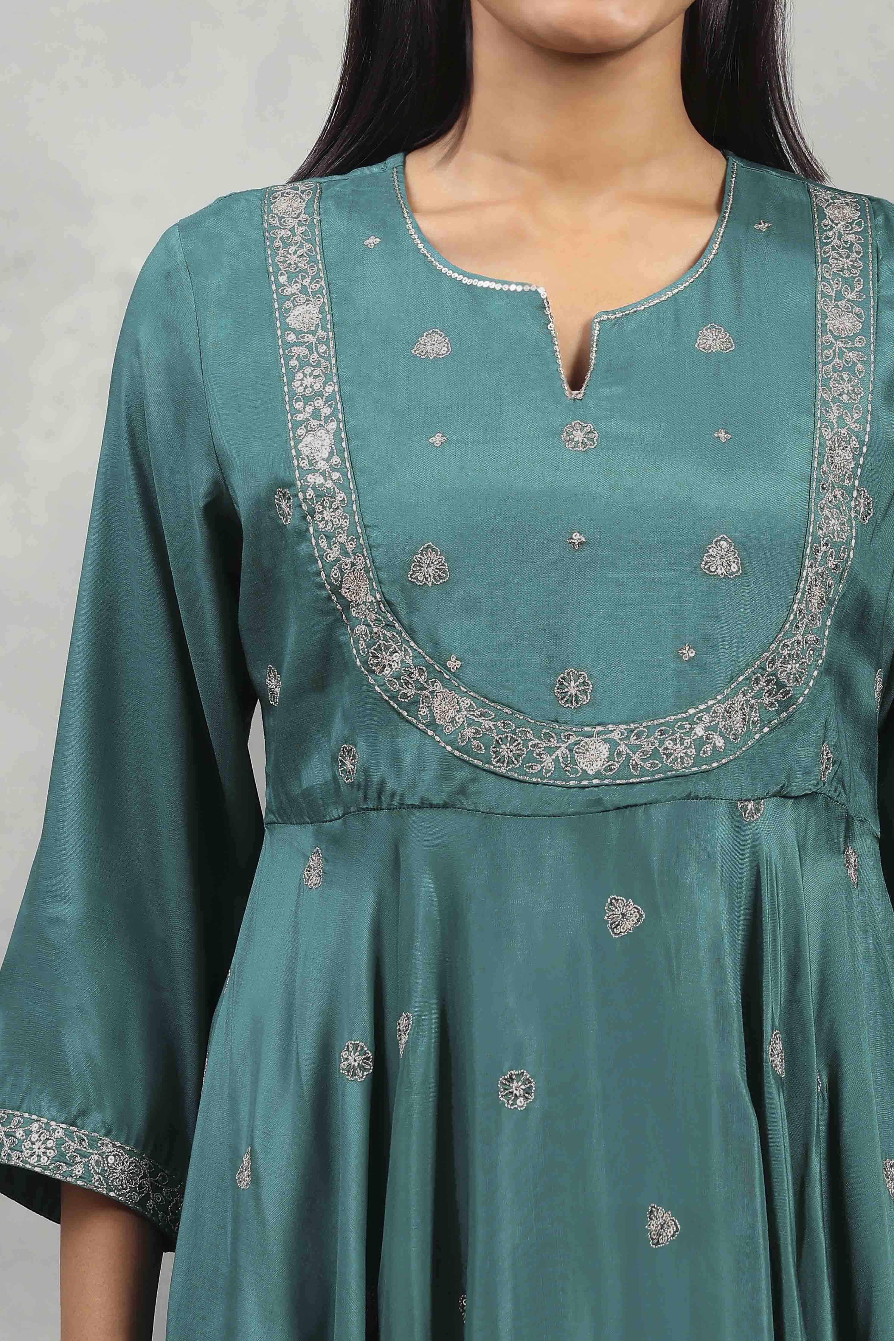 Teal Green Viscose Rayon Embroidered Anarkali Suit Set image number 1