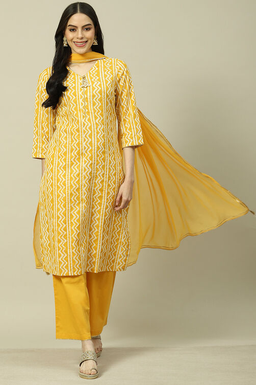 Yellow Cotton Blend Woven Straight Kurta Suit Set image number 0
