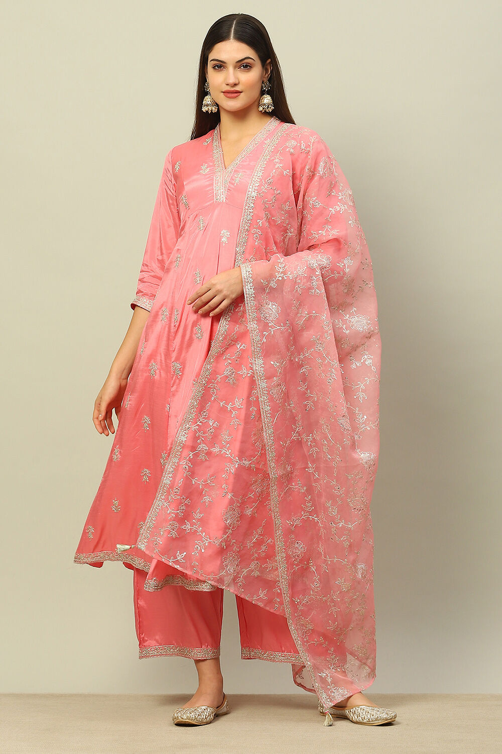 Buy Dusty Pink Viscose Shantoon Kalidar Embroidered Kurta Palazzo Suit Set 3N by Rangriti