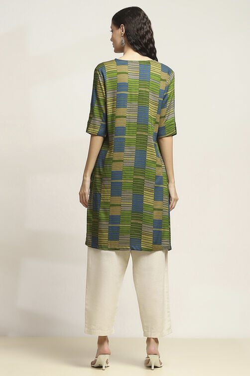 Olive Green Viscose Rayon Printed Straight Kurta image number 3