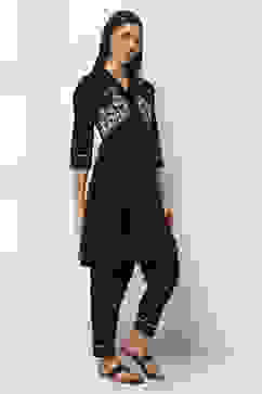 Black Cotton Gathered Kurta Set image number 5