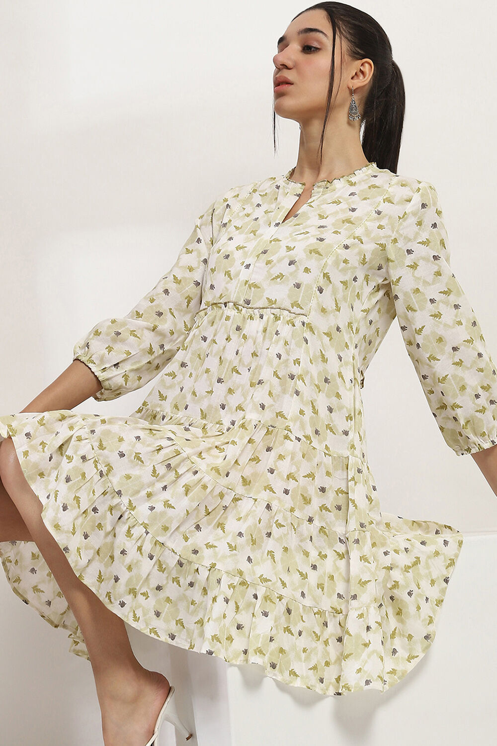 Olive Green Printed Tiered Dress image number 6