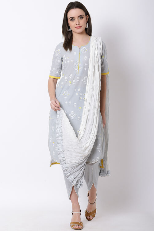 Grey and White Cotton Dupatta image number 0