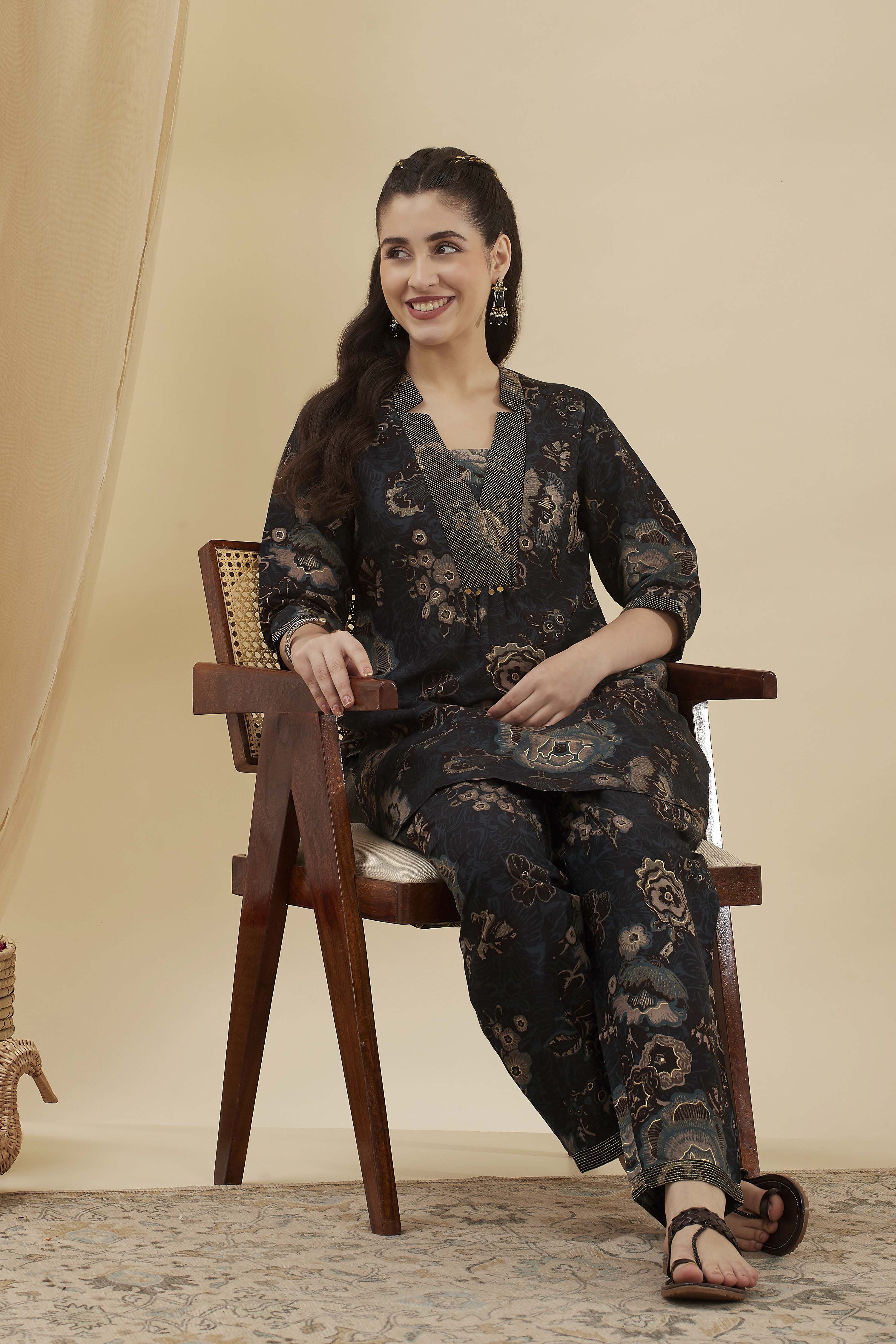 Navy Viscose Blend Printed Straight Kurta Set image number 0