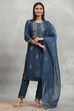 Blue Polyester Blend Printed Gathered Suit Set image number 6