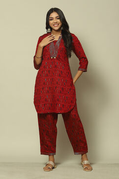 Red LIVA LIVA Straight Printed Kurta Palazzo Suit Set image number 6