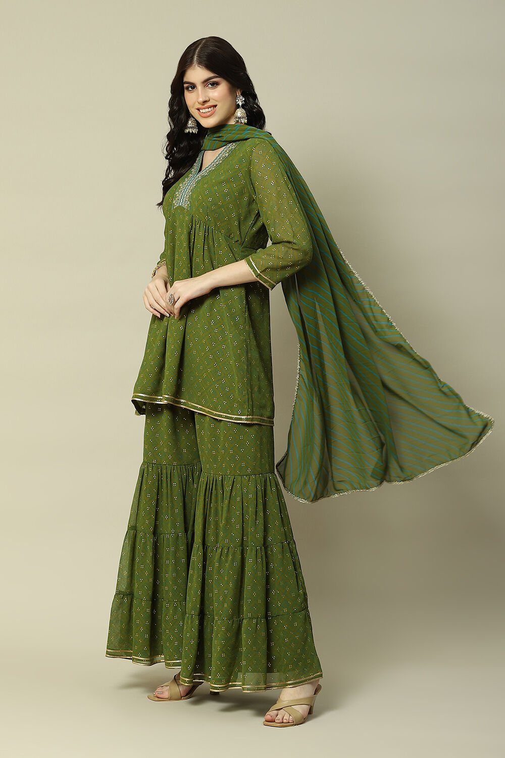 Green Viscose Gathered Printed Kurta Sharara Suit Set image number 5