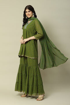 Green Viscose Gathered Printed Kurta Sharara Suit Set image number 6