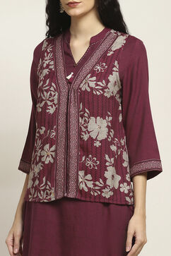 Wine Viscose Blend Printed Straight Kurta Pants Set image number 1