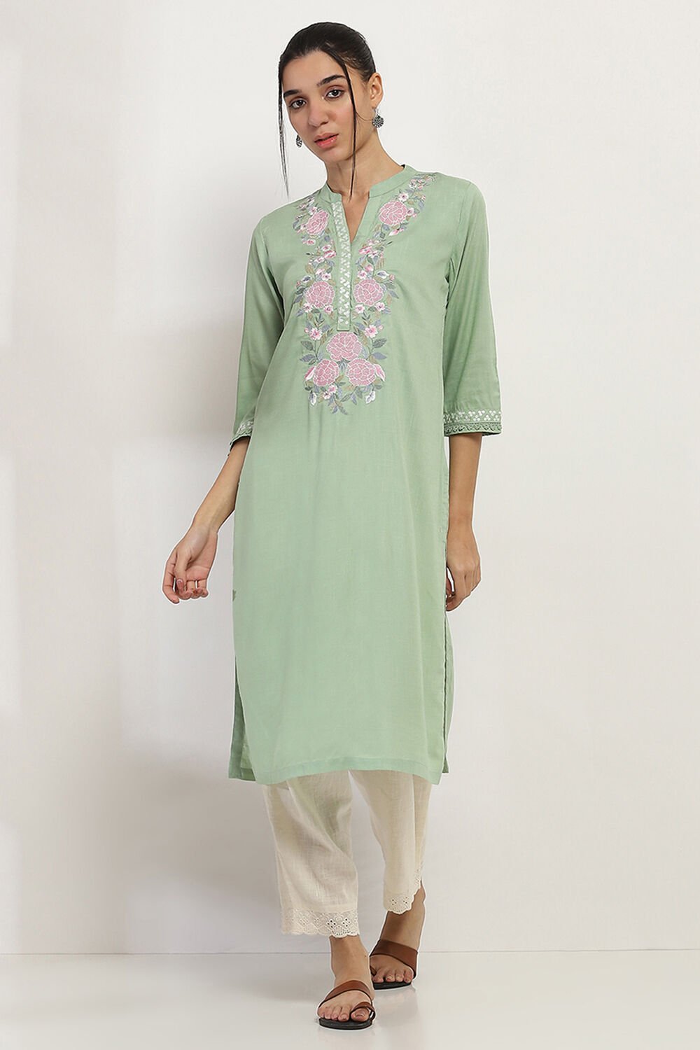 Sage Green Floral Straight Kurta image number 5