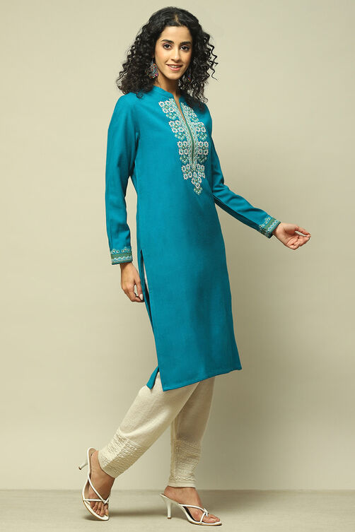 Teal Acrylic Straight Solid Kurta image number 4