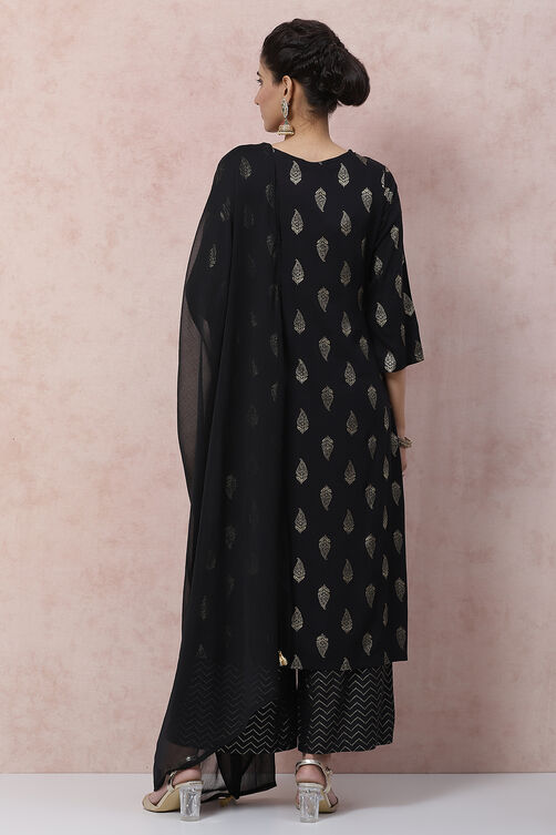 Black Viscose Rayon Straight Suit Set image number 6