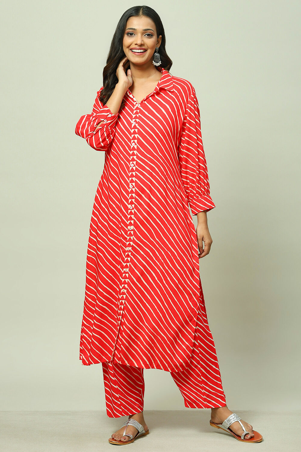 Red Striped Straight Kurta Set image number 6