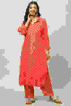 Red Striped Straight Kurta Set image number 6