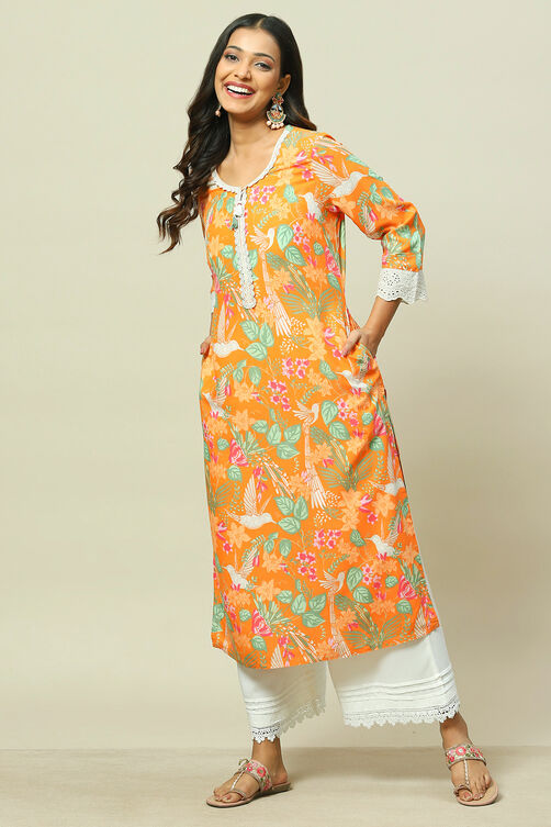 Orange LIVA Straight Kurta image number 0