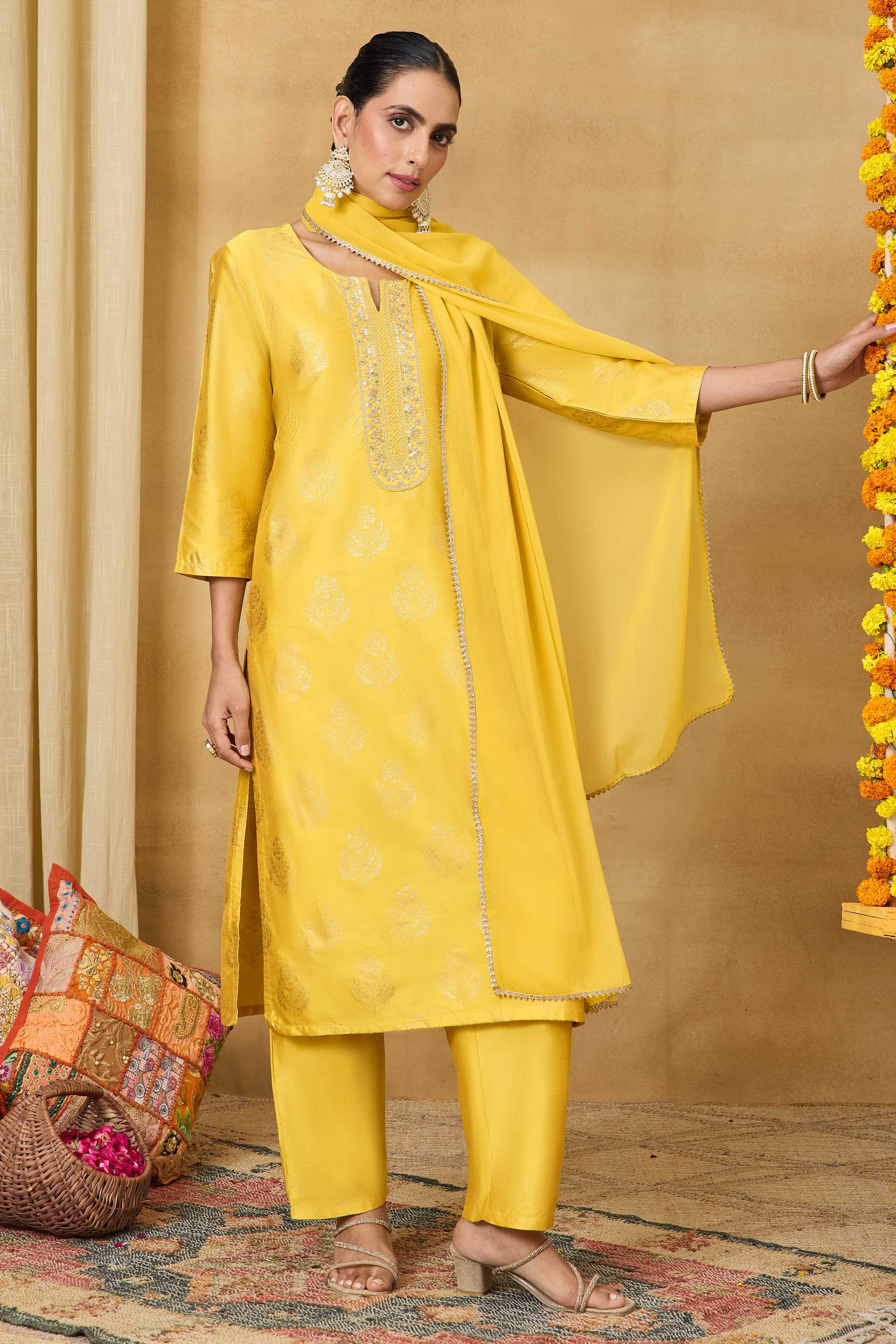 Yellow Viscose Blend Straight Printed Suit Set image number 6