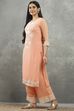 Peach Cotton Straight Kurta Pants Set image number 3